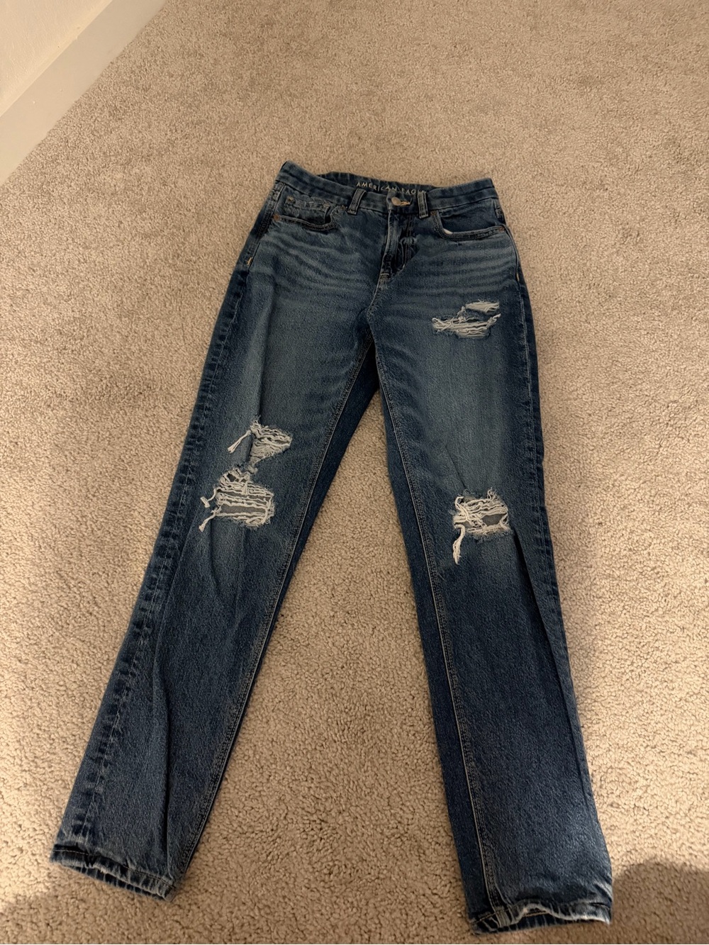 American Eagle Outfitters Distressed Dark Blue Straight Leg Jeans